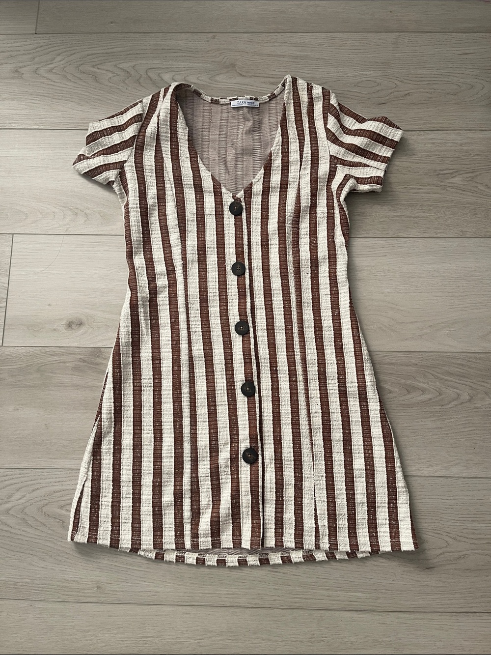 Zara Striped Button-Front V-Neck Dress in Brown and Cream